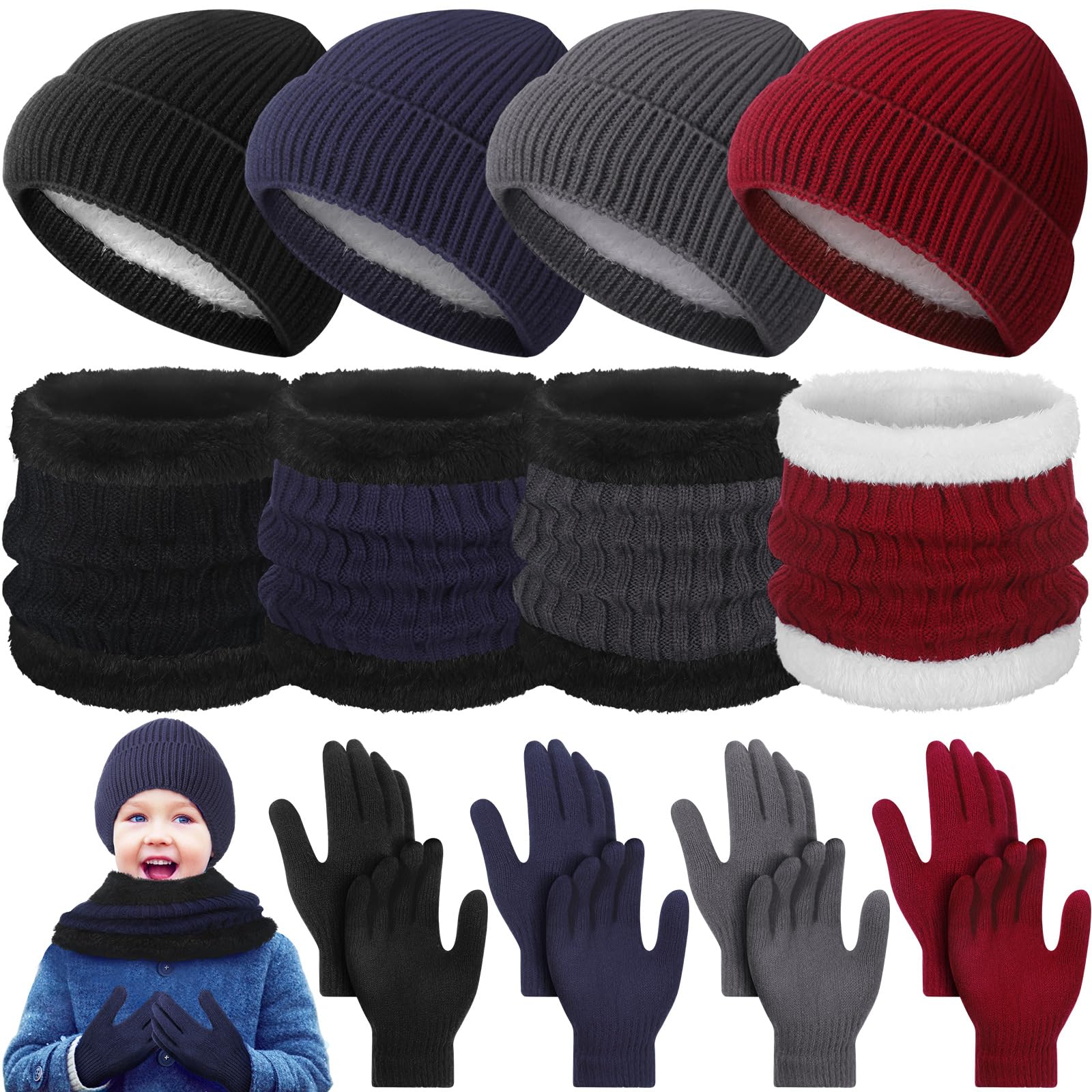 Lot de 12 bonnets, gants et écharpes pour enfants de 5 à 8 ans - Bonnet tricoté - Moufles de ski - Gants et écharpes chaudes - Cadeau idéal pour garçons et filles, Classique, 6.7 x 8.3 inches/ 17 x 21