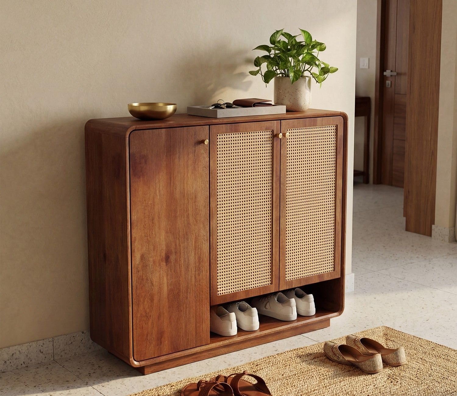 Shoe Cabinet with Cane Detailing, Mango Wood, Solid Wooden Cane Shoe Rack Cabinet Storage with Shelf Storage for Entryway, Living Room, Balcony & Home (B-Hony)-image-23