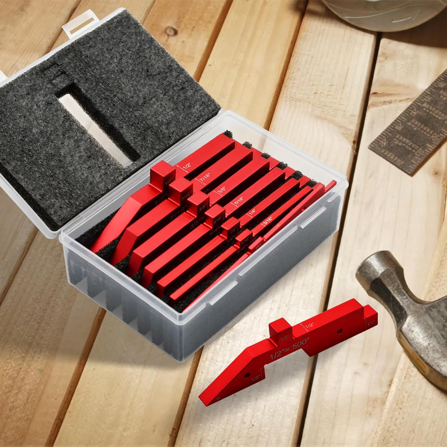 Router Table Set Up Bars, 7pcs Aluminum Precision Setup Blocks Height Gauge Set for Woodworking Router Table Saw Accessories Different Angle Depth and Thickness Router Gauge with Storage Case (Red)