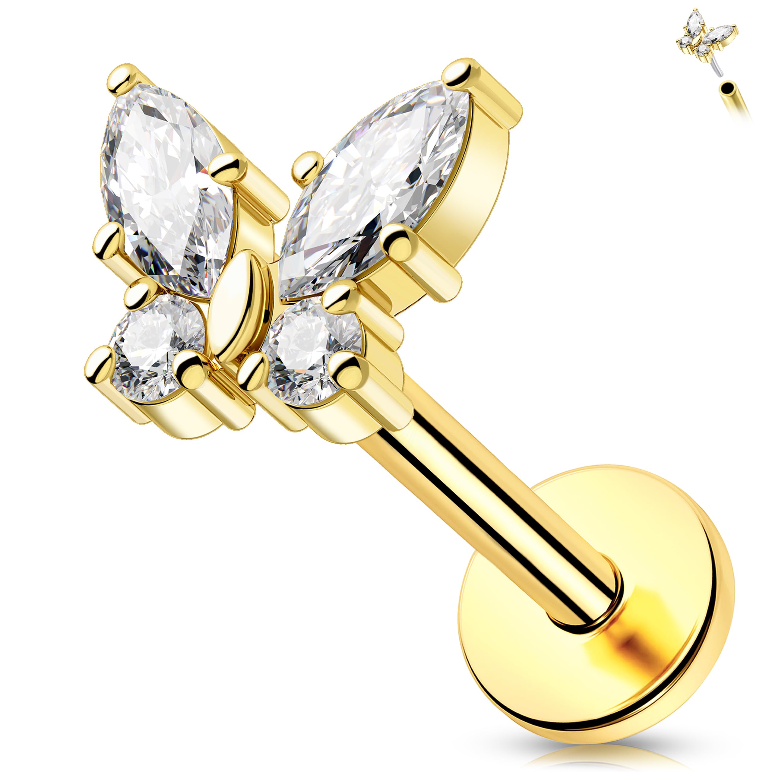 Melighting Schmetterling Flach Rücken Ohrring 16G Helix Stud 14K Gelbgold Knorpel Ohrringe CZ Threadless Tragus Piercing Schmuck