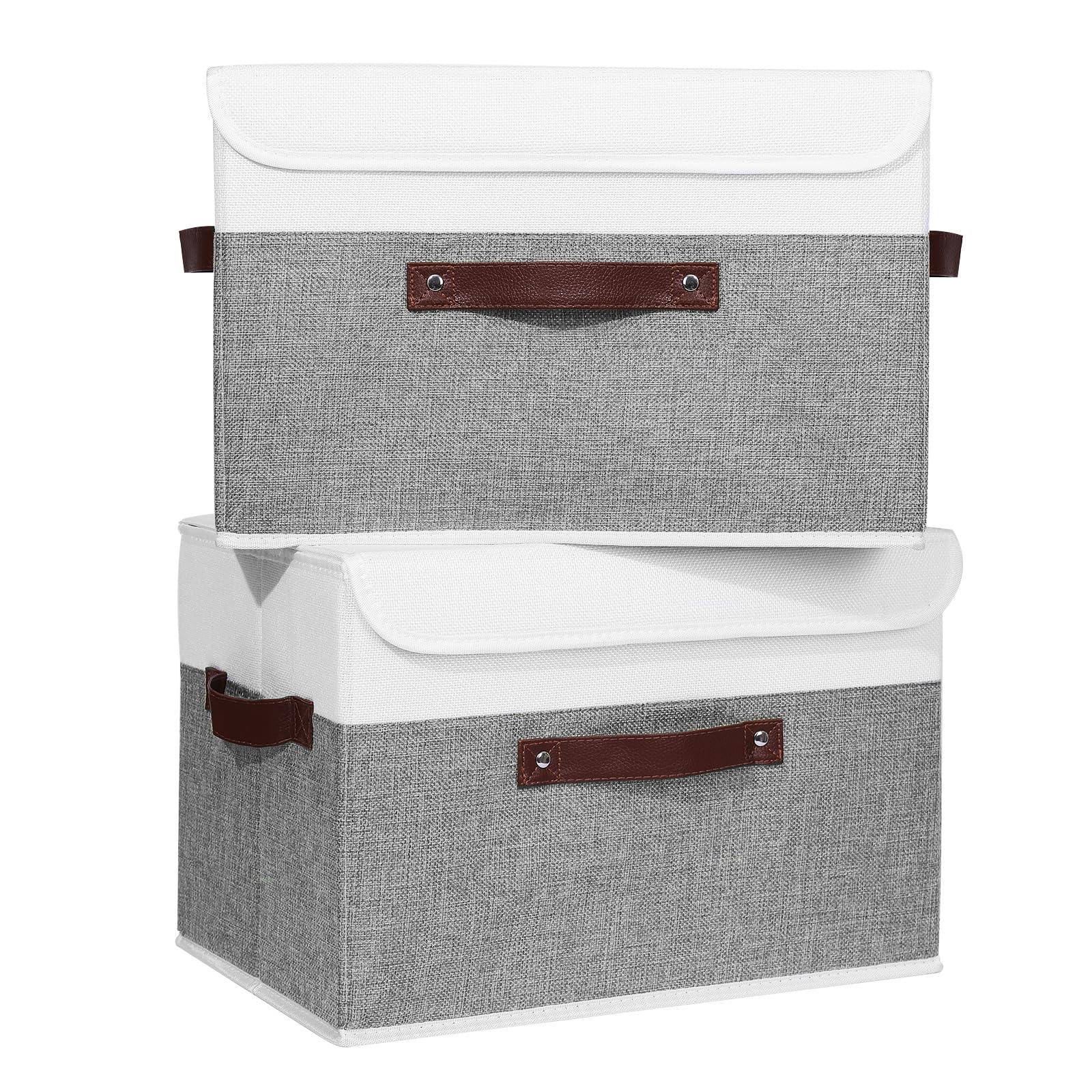 ANMINY 2PCS Storage Boxes with Lid Washable Decorative Storage Bins Basket with PU Leather Handle Foldable Linen Fabric Storage Cubes Containers for