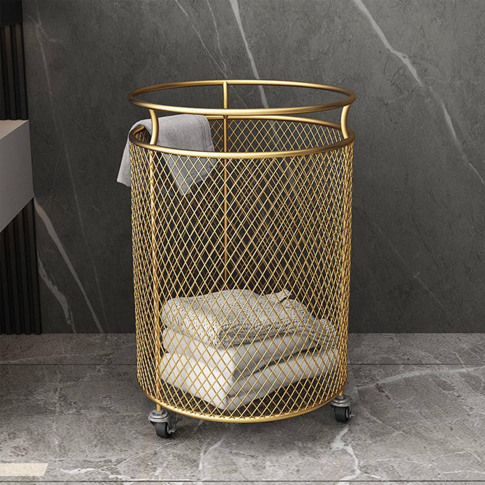 MRKU Cesto portabiancheria Pieghevole con Ruote, Contenitore per la casa, Carrello portabiancheria Rotondo in Rete Metallica con Ruote, Design con Maniglia ad Anello