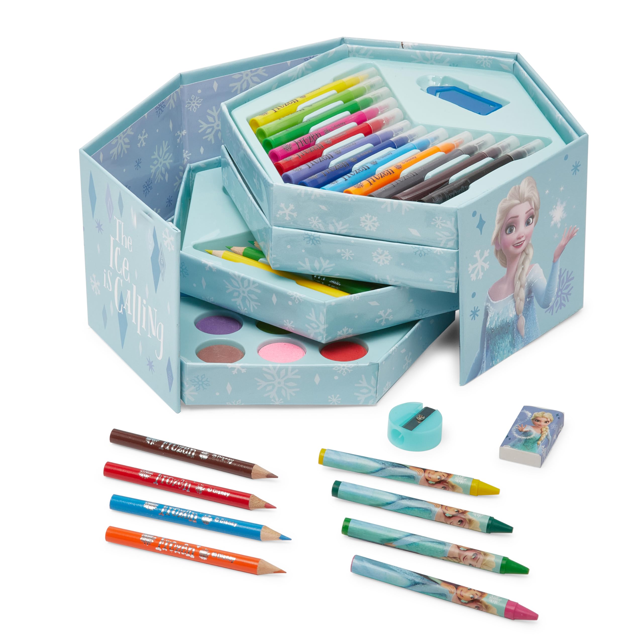 Frozen Colouring Set for Girls - 52 Piece Kids Hexagonal Spiral Art Case Crafts with Coloured Pencils, Markers, Paintcakes & Crayons - Complete Arts & Crafts Kit & Easy Storage for Drawing & Painting