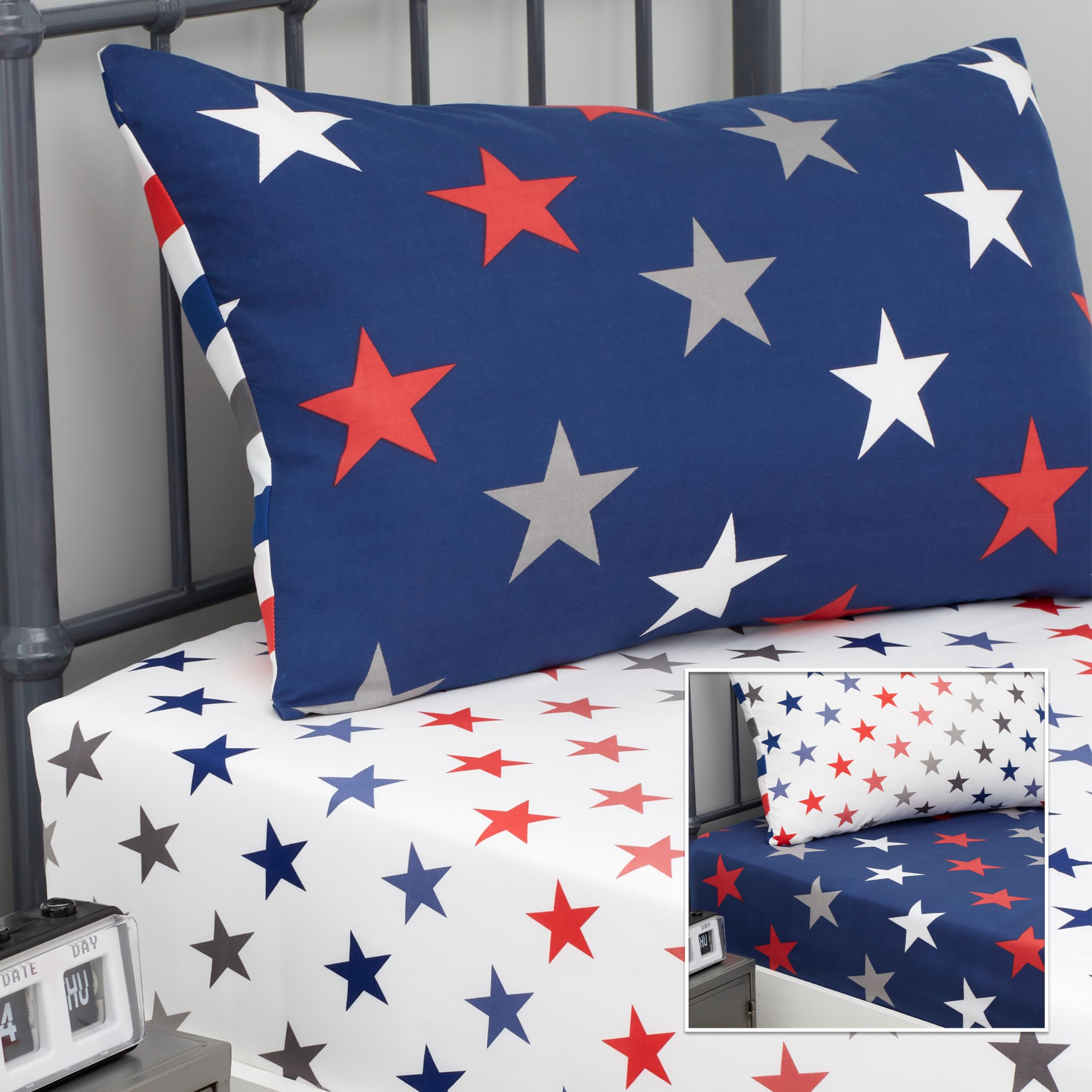 Catherine Lansfield So Soft Stripes and Stars Single Fitted Sheets Two Pack White Blue