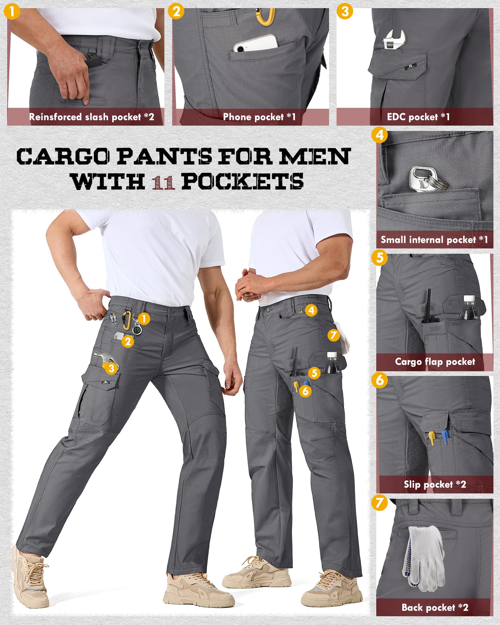 IGOLUMEN Work Pants for Men Stretch Tactical Pants with 11 Pockets Ripstop Cargo Pant Construction Utility Trouser Hiking EDC,Grey — view 3