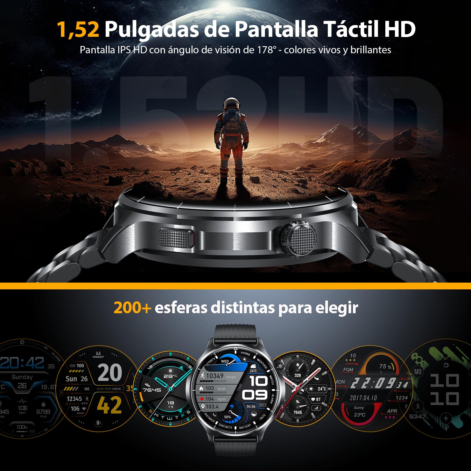 SLOKSFil Reloj Inteligente Hombre con Bluetooth Llamada, 1000mAh Smartwatch Hombre con 1,52" HD/110+ Modos Deportes/24/7 Pulsómetro/Sueño/IP68 Impermeable/Podómetro Android iOS (Acero Negro)