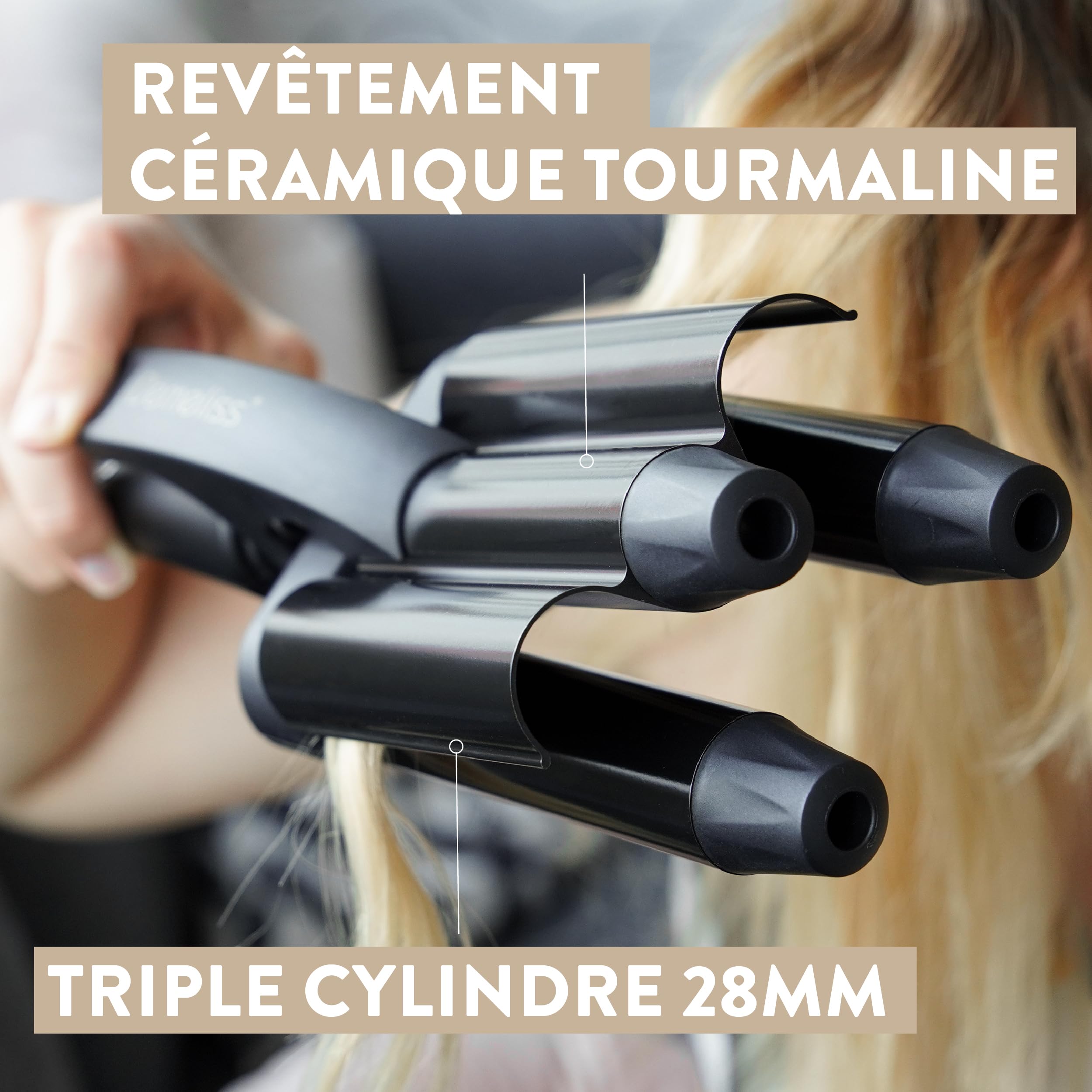 Demeliss - Saint Algue - WAVES BLACK, Fer à Onduler + Spray Texturisant Deep Waves, Boucleur Effet Wavy, Styler Complet, Revêtement Céramique et Tourmaline, Noir Mat
