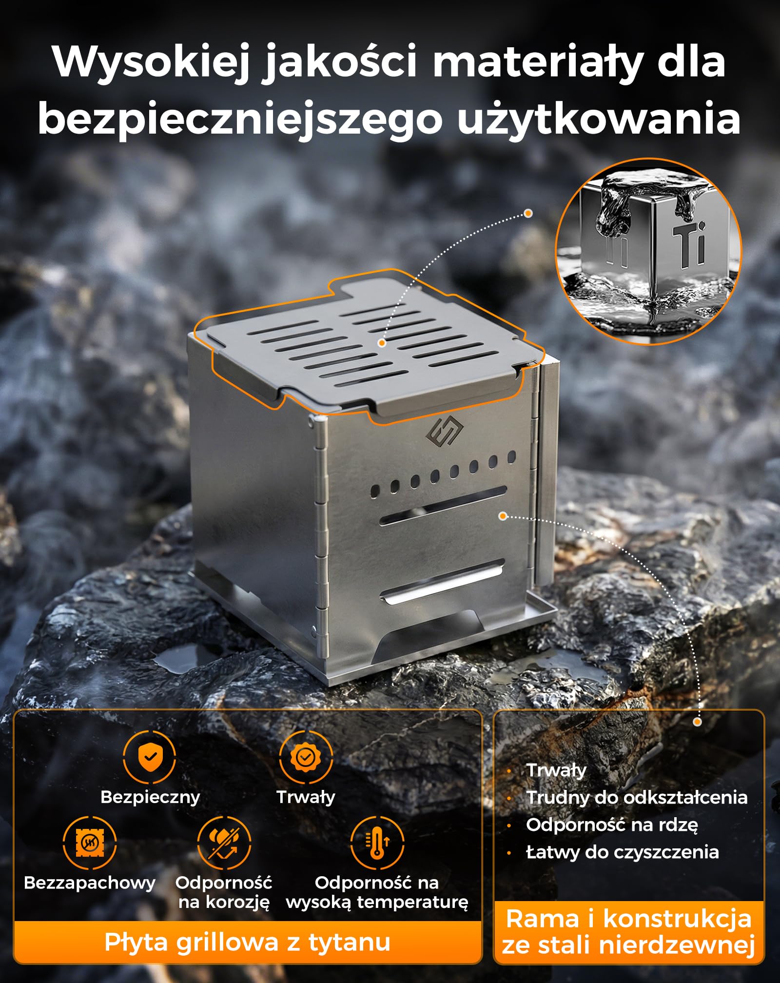 COOK'N'ESCAPE Przenośny piec kempingowy z drugim spalaniem, składany piec na drewno ze stali nierdzewnej, kuchenka outdoorowa z tytanową płytą grillową, nadaje się na kemping, grillowanie, wędrówki