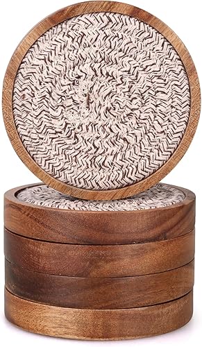 Los mejores posavasos de madera absorbentes, juego de 5 posavasos de madera de acacia de 4 pulgadas para bebidas, decoración de mesa auxiliar,