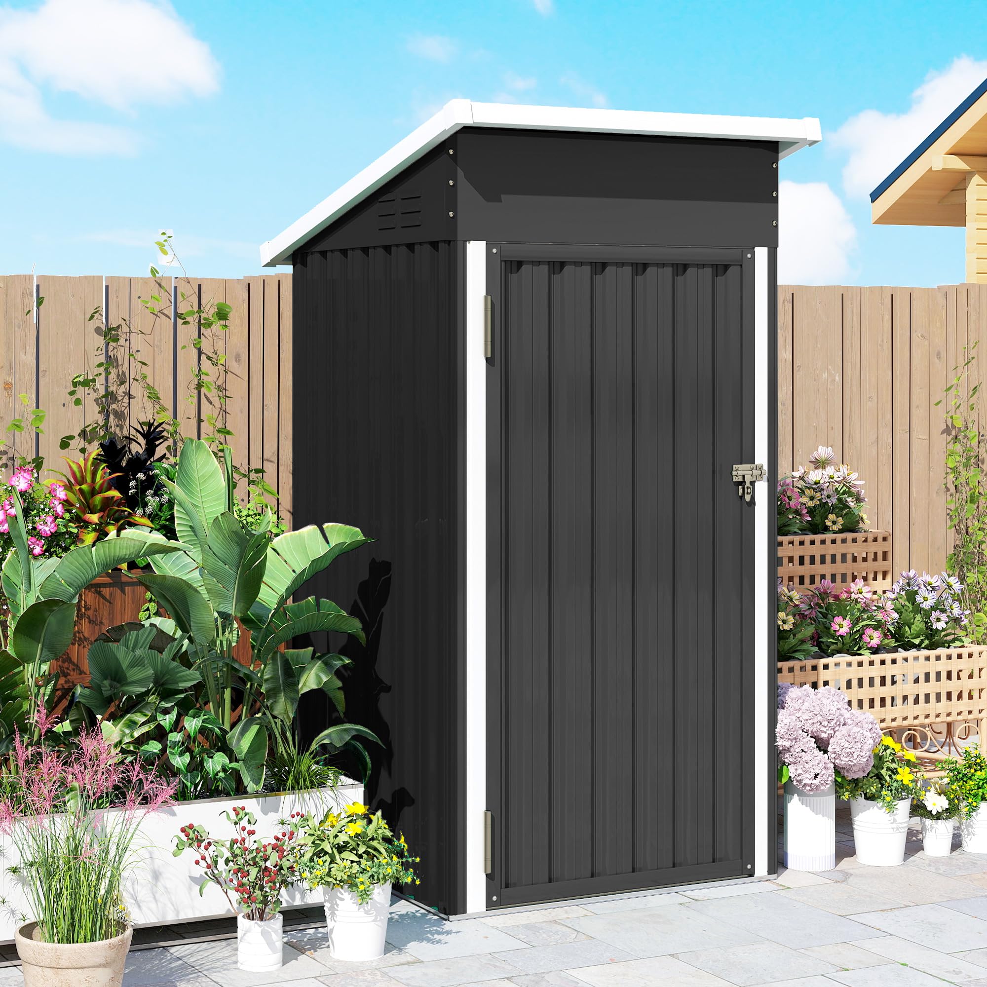Outsunny Casetta da Giardino 0.74m² in Acciaio Zincato con Prese d'Aria, Capanno da Giardino con Porta Bloccabile, Tetto Inclinato, Guanti, Capanno Porta Attrezzi, 107.5x91x185 cm, Grigio Scuro