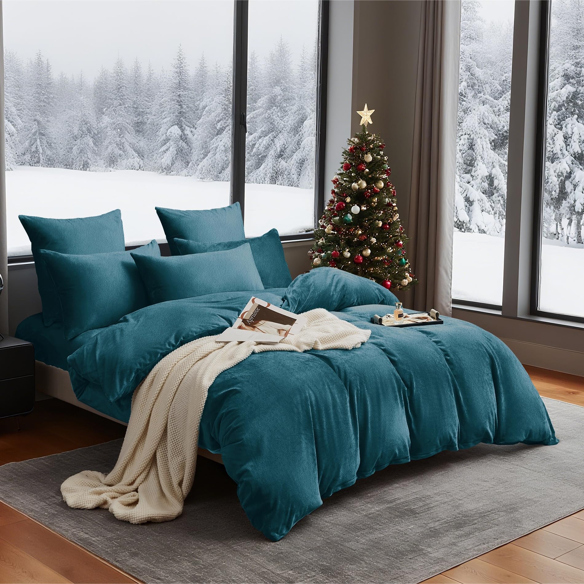 Ropa de cama de invierno 220x240 cm color petróleo liso cálida acogedora mullida ropa de cama de invierno suave cálida de terciopelo felpa vellón franela juego de funda nórdica de 3 piezas con