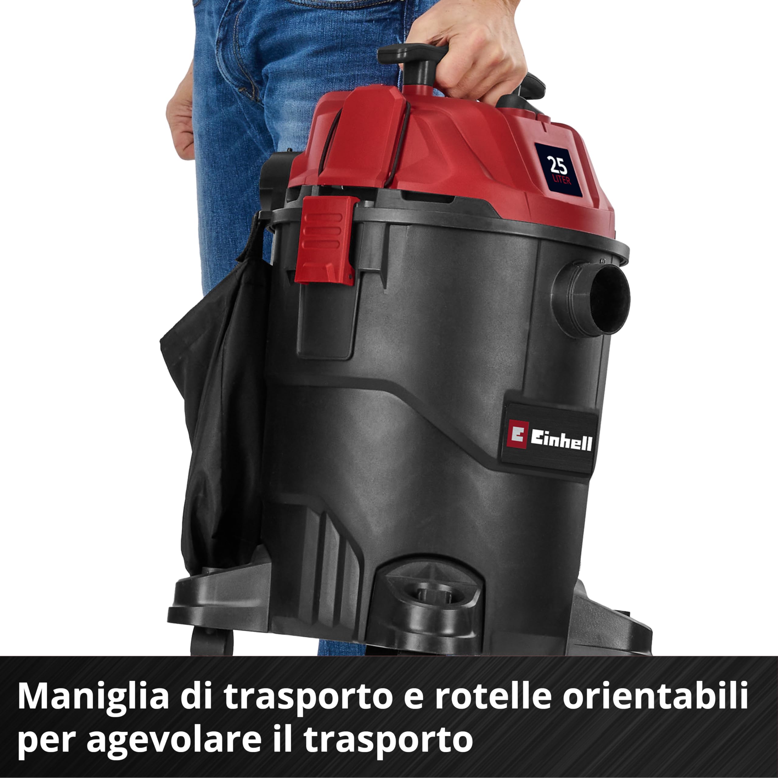 Einhell Aspiratore TC-VC 2555 (850 Watt, aspirazione 180 mbar, presa automatica, serbatoio di raccolta da 25 L, 4 rotelle, maniglia di trasporto, incl. bocchette, filtri e sacco raccolta sporcizia)