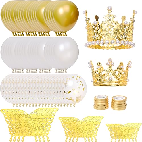 Eco-Fused 2 adornos de corona para tartas, también incluye 20 unidades, color blanco, 20 dorado metálico, 20 globos de fiesta de confeti dorados,