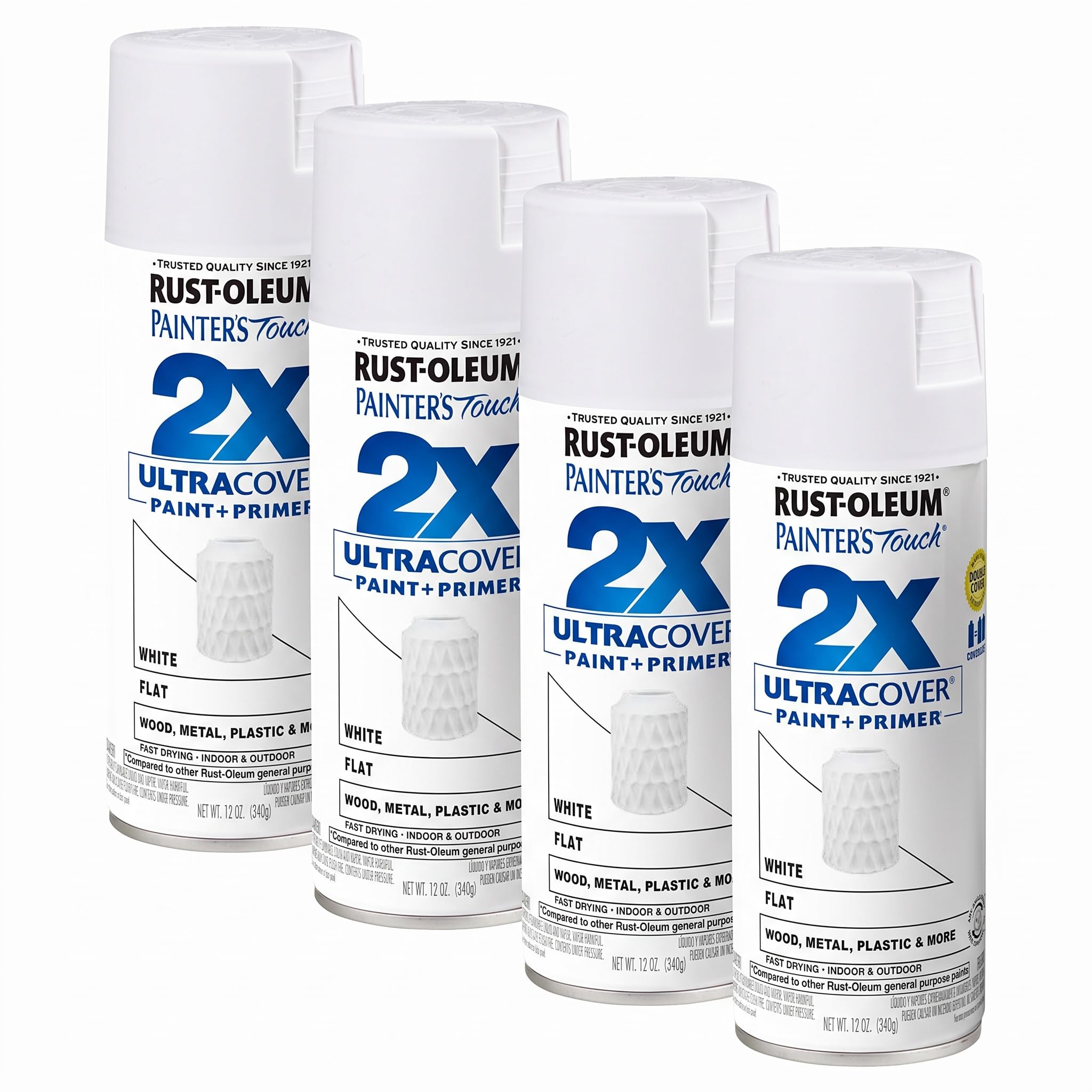 Rust-Oleum 334021 Painter's Touch 2X Ultra Cover Spray Paint, 12 oz, Flat White (Pack of 4)