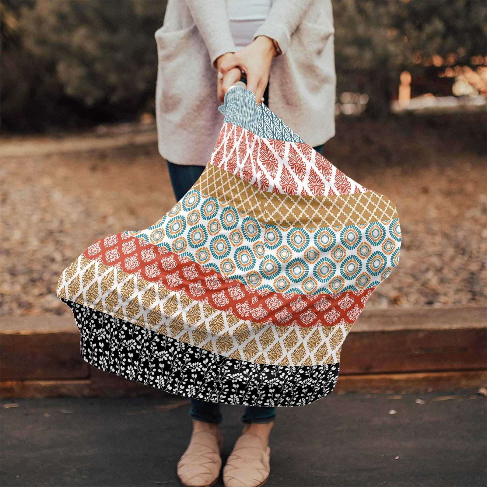 Nursing Cover for Breastfeeding Scarf, Bohemian Red Teal Turquoise Brown Geometric Stripe Baby Car Covers Super Soft Multi Use for Canopy Shopping Cart Cover Blanket Stroller Cover