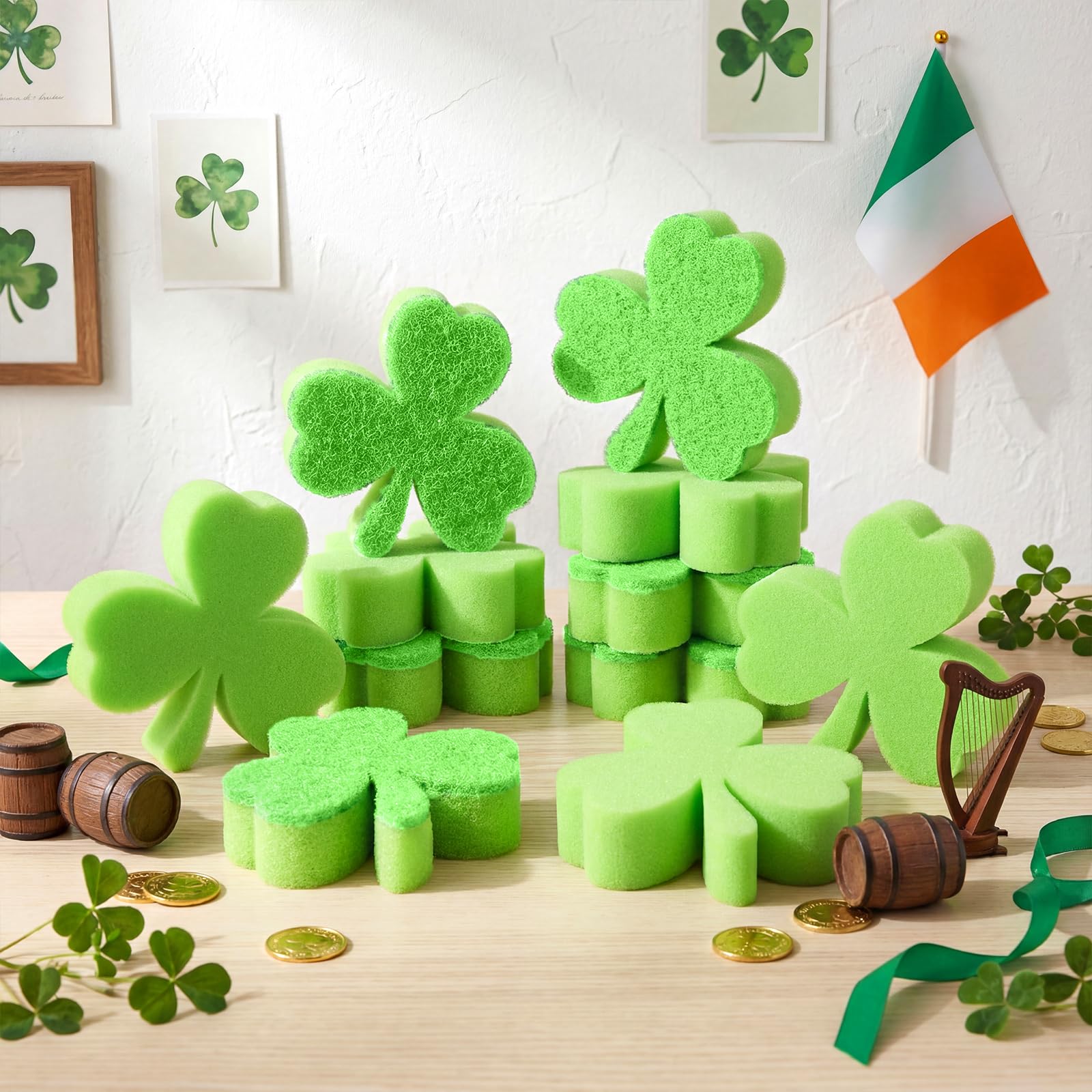 12 Pack St. Patrick's Day Clover Sponges Bulk Dual Sided Scrubber Sponges Dishwashing Kitchen Cleaning Accessories for Household Supplies