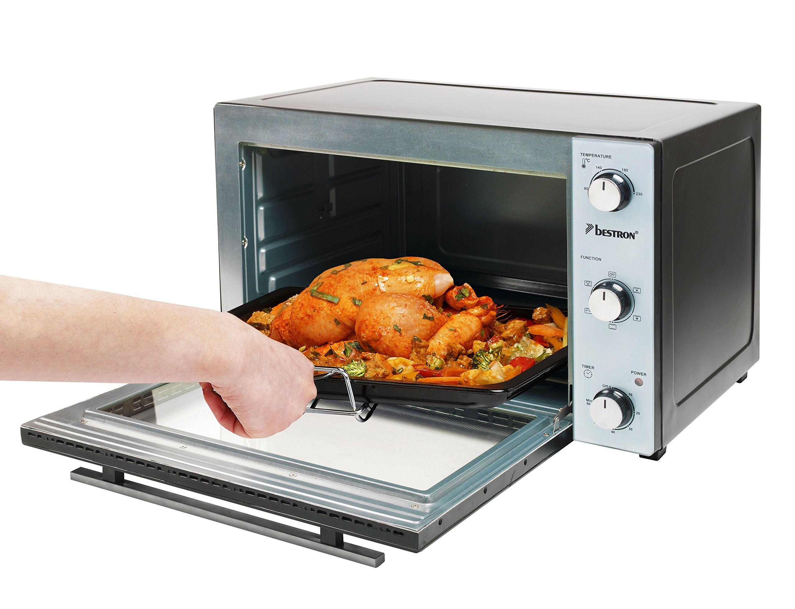 Bestron Mini Horno con Pincho Giratorio y Piedra para Pizza, 31 Litros, 1500 Vatios, Acero Inoxidable
