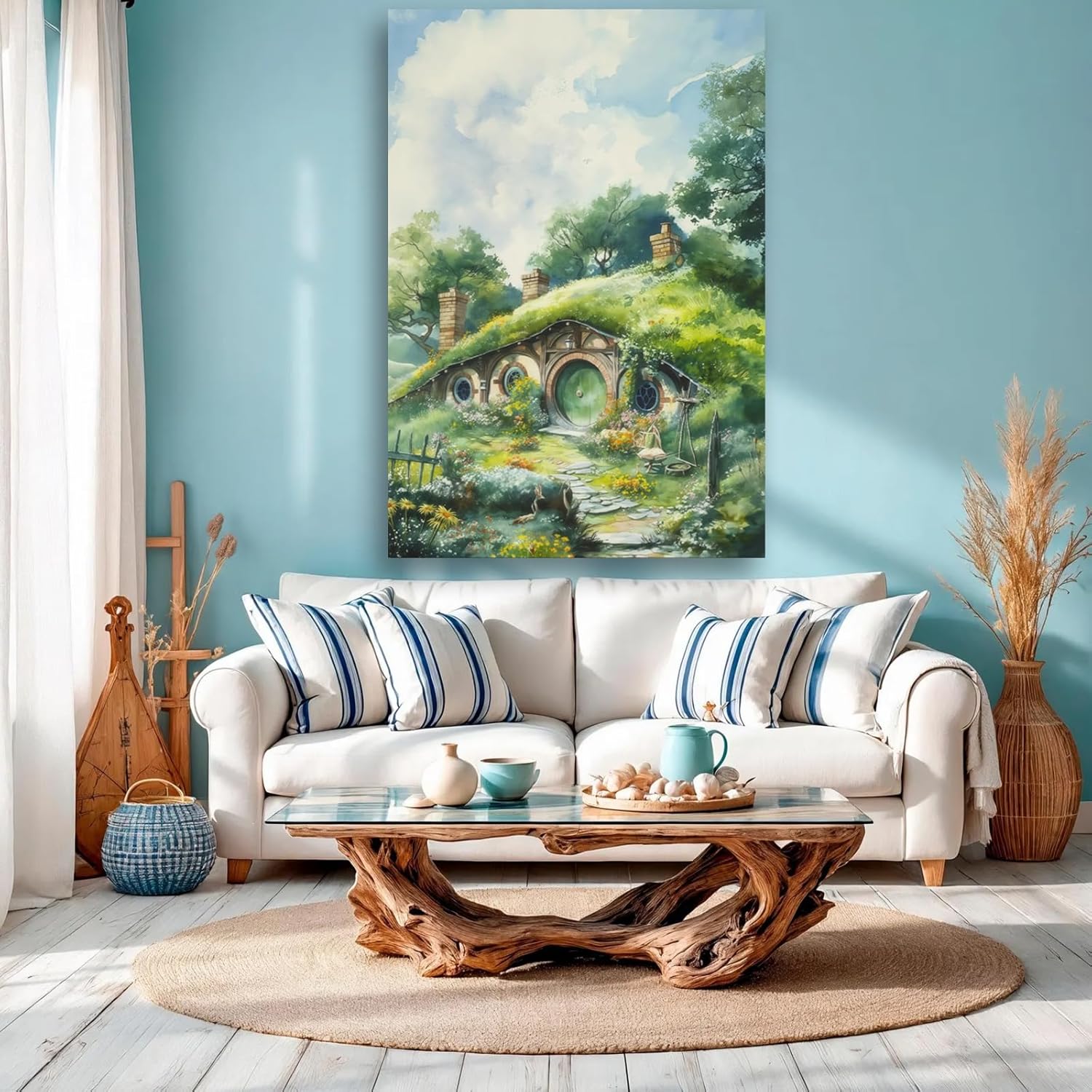 Bag End Watercolor Hobbiton Painting Wall Art, Lord Fantasy Wall Art, The Green Door Fantasy Framed Poster Ready To Hang Aesthetic Room Decor (Framed,16×24 inch)