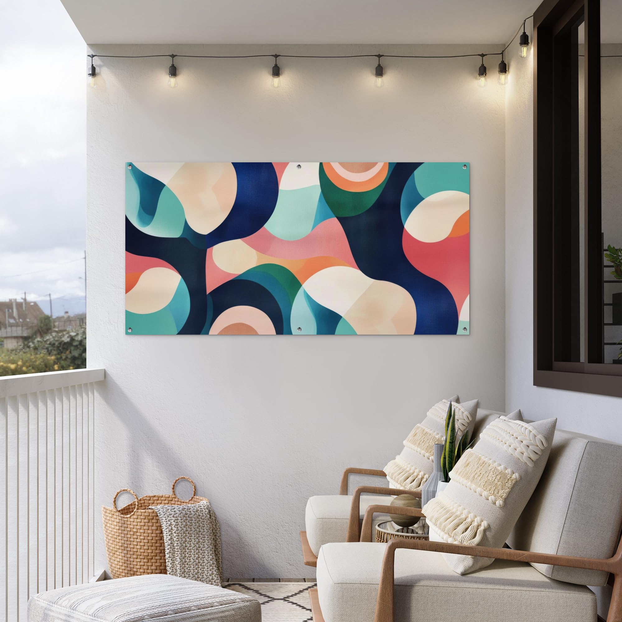 MuchoWow© Poster De Jardin Decoracion Balcón Wall Decoration Adornos Pared | 160x80 cm - Terraza Exterior Decoración Patio Posters Decorativos Abstracto - Azul - Rosa