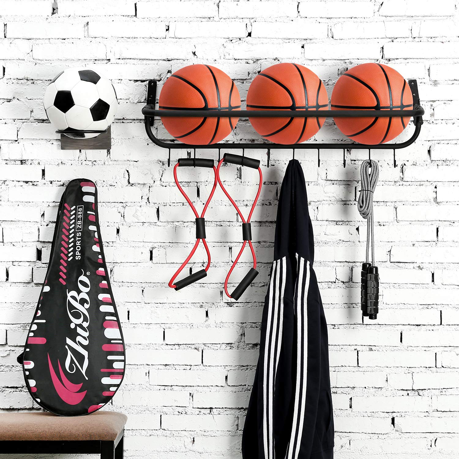 MyGift Black Metal Wall Mounted Basket Ball Holder and Sports Equipment