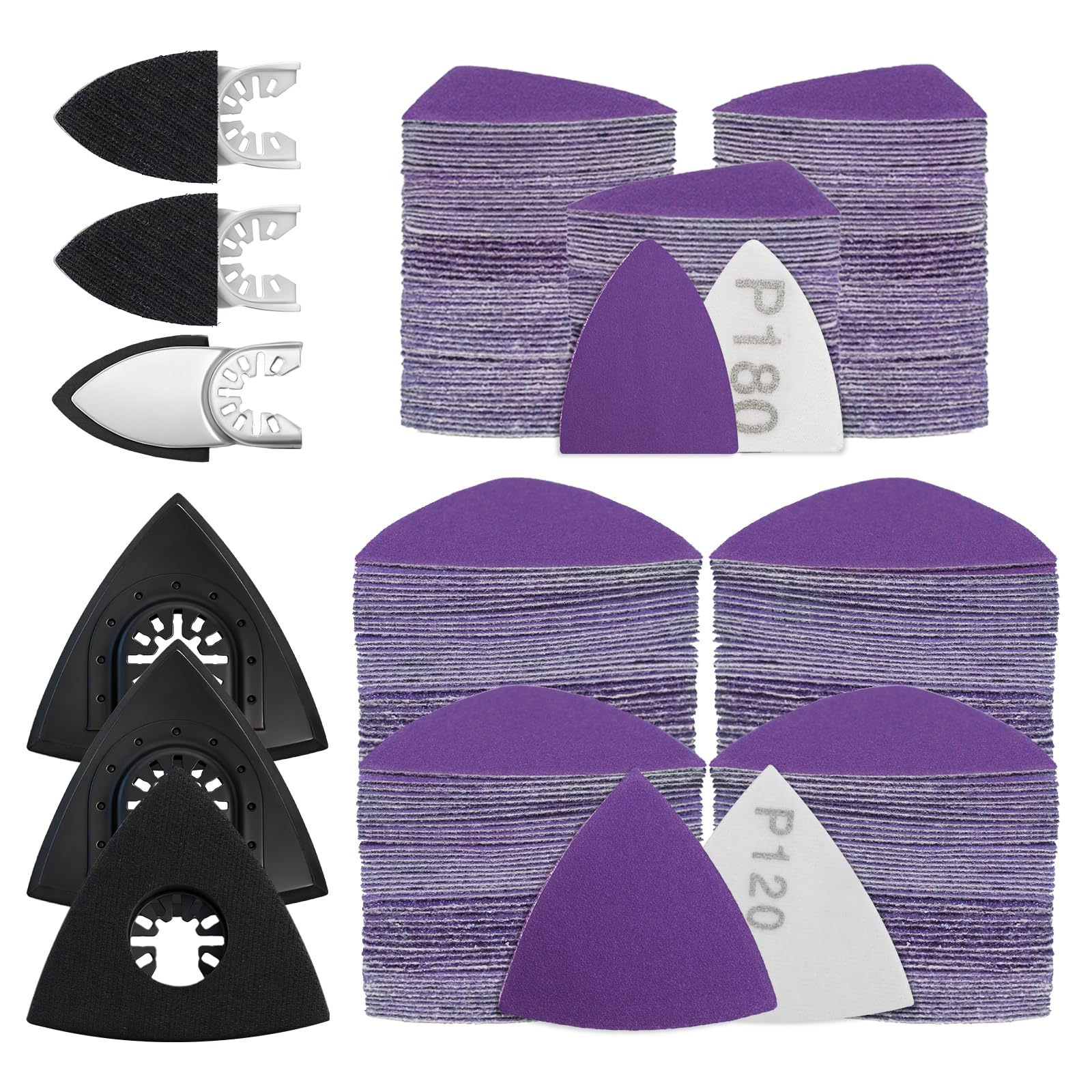206PCS Multi Tool Sanding Pad Kit, 3PCS Triangle Sanding Pads, 3PCS Fingertip Sand Pad,200PCS Triangle & Fingertip Sandpaper,60/80/120/180/240 Grits Hook & Loop Multitool for Wood/Plaster Polish