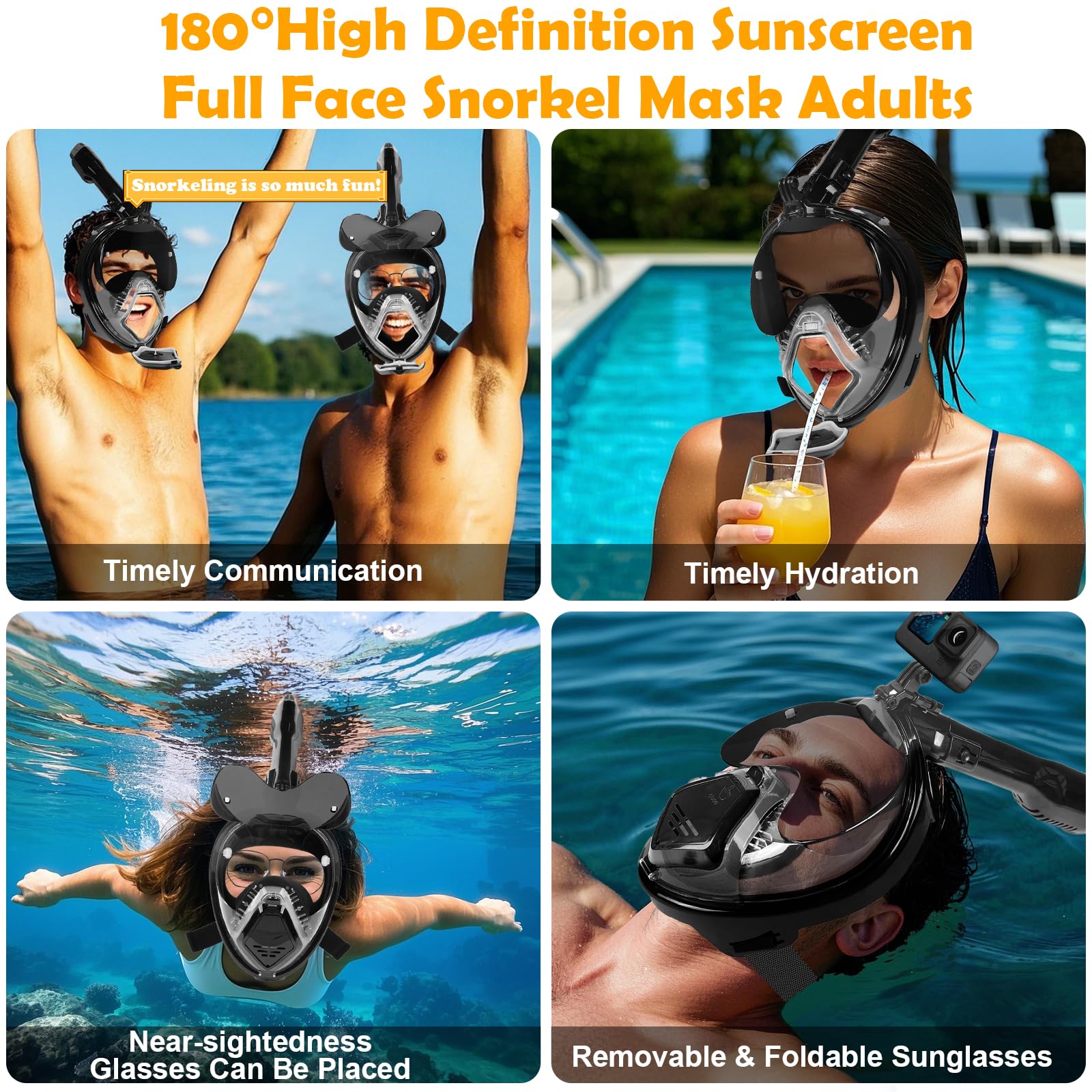 Snorkeling Gear for Adults, Full Face Snorkel Mask Adults with Camera Mount, Snorkel Mask for Glasses Wearers Check Valve Air Inlet Breathe Better, Panoramic View Snorkel Set (Black, L)