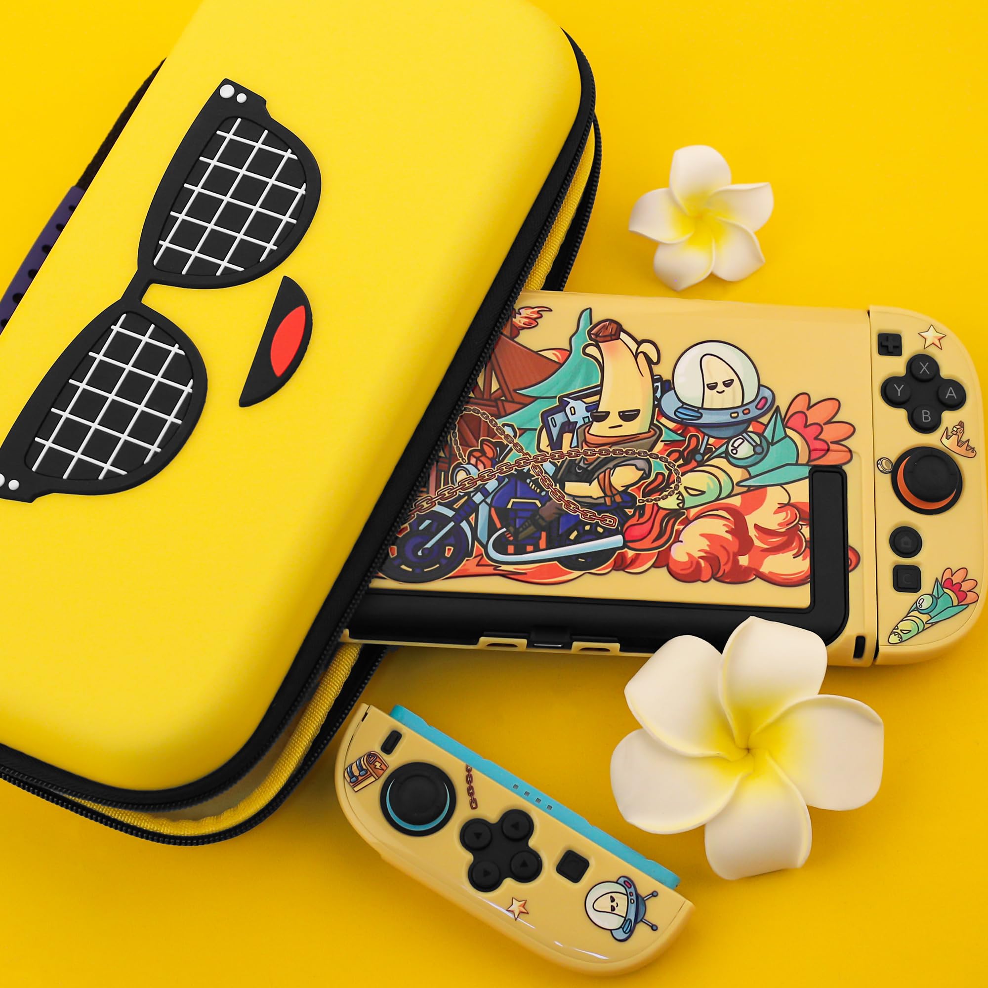 RHOTALL Sac de transport jaune pour Nintendo Switch 2, étui de voyage rigide pour Fortnite Peely, Switch 2 accessoires, étui de protection et sac de rangement avec 12 emplacements et film de