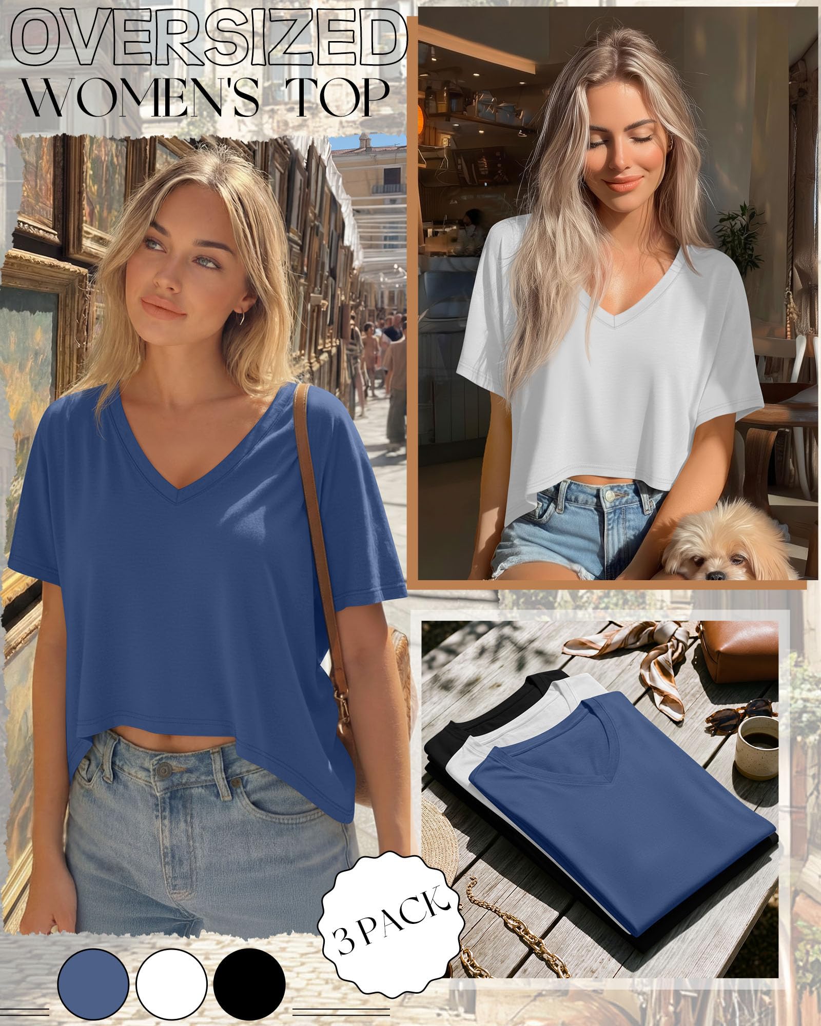 Geyoga Pack 3 Crop Tops Oversize Mujer Cuello V