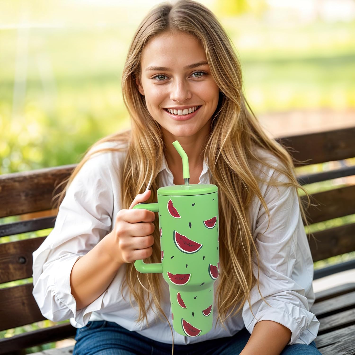 Watermelon Tumbler with Straw and Lid Vacuum Insulated 40oz Fruits Stainless Steel Cup Gifts for Women Birthday Present Watermelon Water Bottle Coffee Cup for Home or Travel