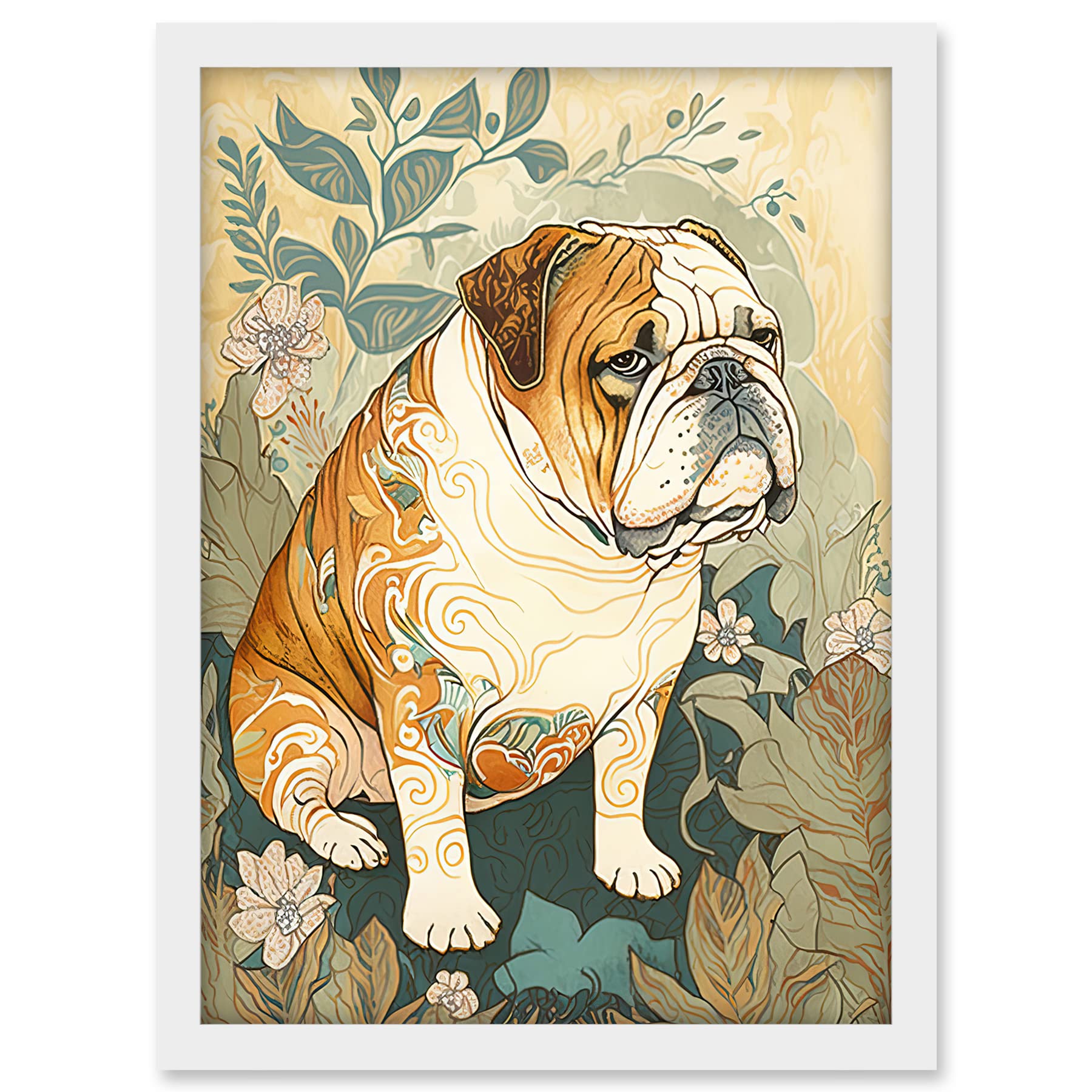 Artery8 Bulldog with Ornate Pattern Fur Coat in Flower Field Modern Watercolour Illustration Artwork Framed A3 Wall Art Print