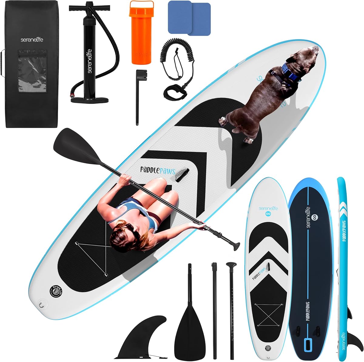 Tabla de remo inflable SereneLife XL - SUP extra ancha, apta para mascotas y familias para adultos, niños y mascotas - Cubierta antideslizante, diseño estable, accesorios premium - Capacidad de 350/440/485 lbs