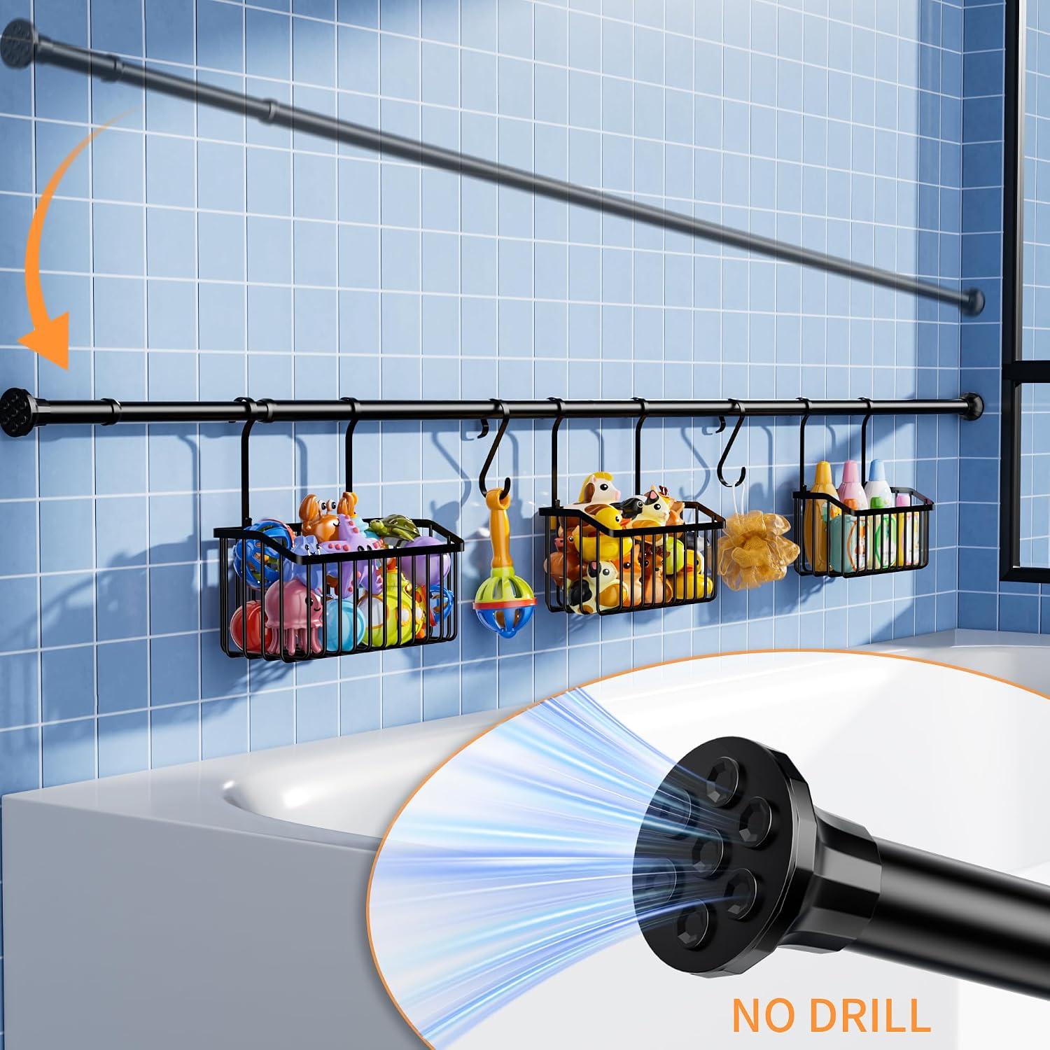 KEGII Bathtub Toy Storage Organizer, Horizontal Tension Pole Shower Caddy Adjustable 61-82.67 Inch with 3 Baskets & 2 Hooks, Large Capacity Bath Toy Holder, Easy Access & Sorting, Matte Black