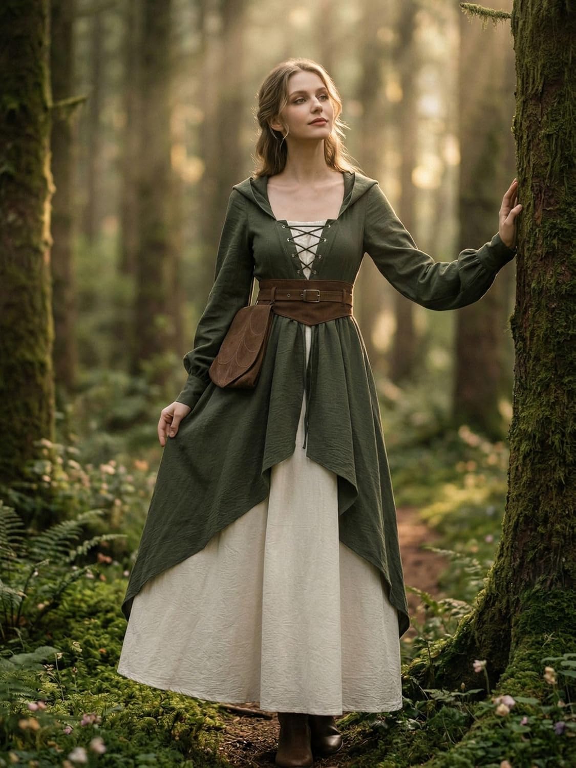 Nuoqi Renaissance Dress for Women Medieval Dress with Belt Pouch Lace Up Hooded Corset Ren Faire Halloween Outfit Olive Green