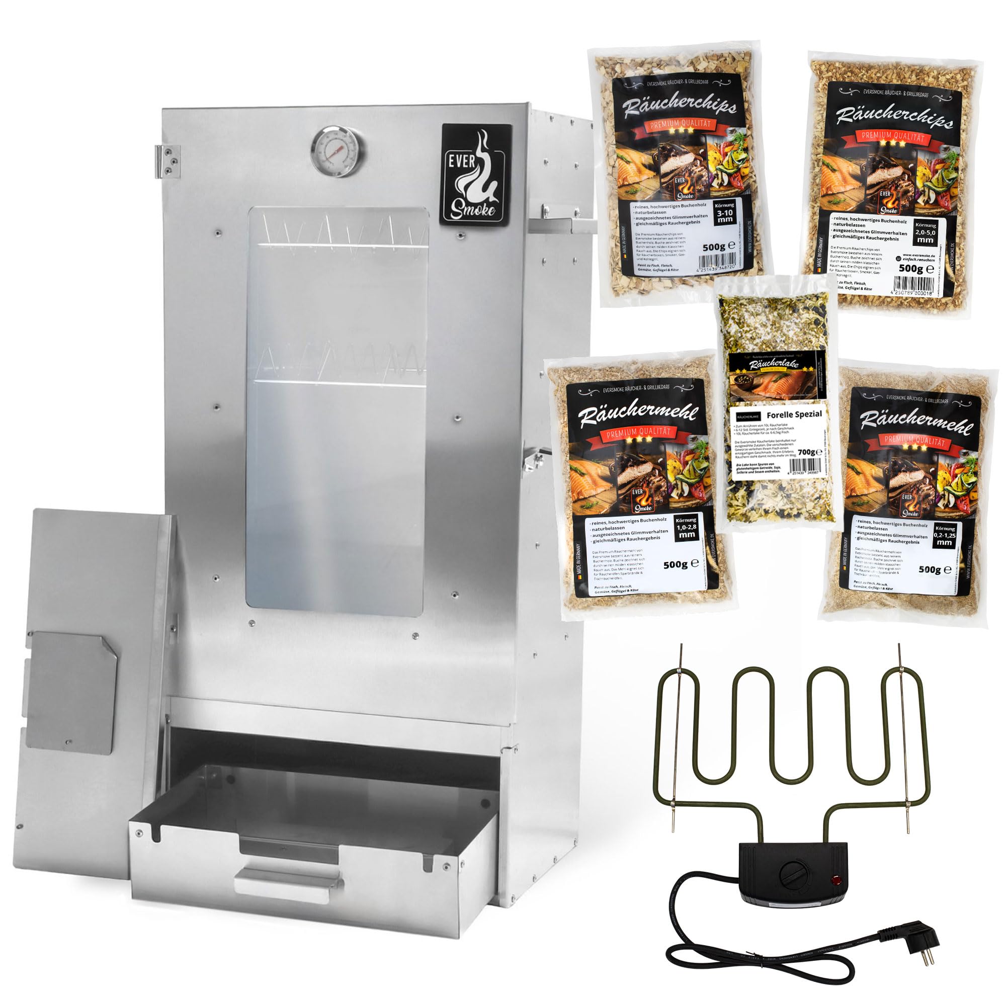 Räucherofen Excellent II Medium – Edelstahl Räucher Starter Set mit Sichtscheibe, Thermometer & Zubehör - Räucherschrank für Fisch, Fleisch & Käse (Starterset + elektrisches Heizelement)