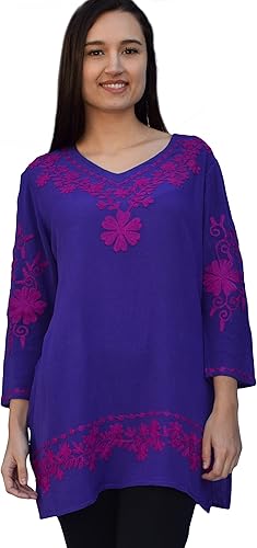 Ayurvastram Nia - Túnica de cuello de rayón crepé bordada, parte superior, blusa