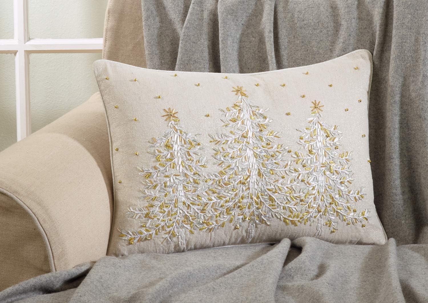 Natural Beige Embroidered Christmas Tree Holiday Pillow - Down Filled Pillow Included 14" X 20" Rectangular, 80% Polyester - 20% Linen