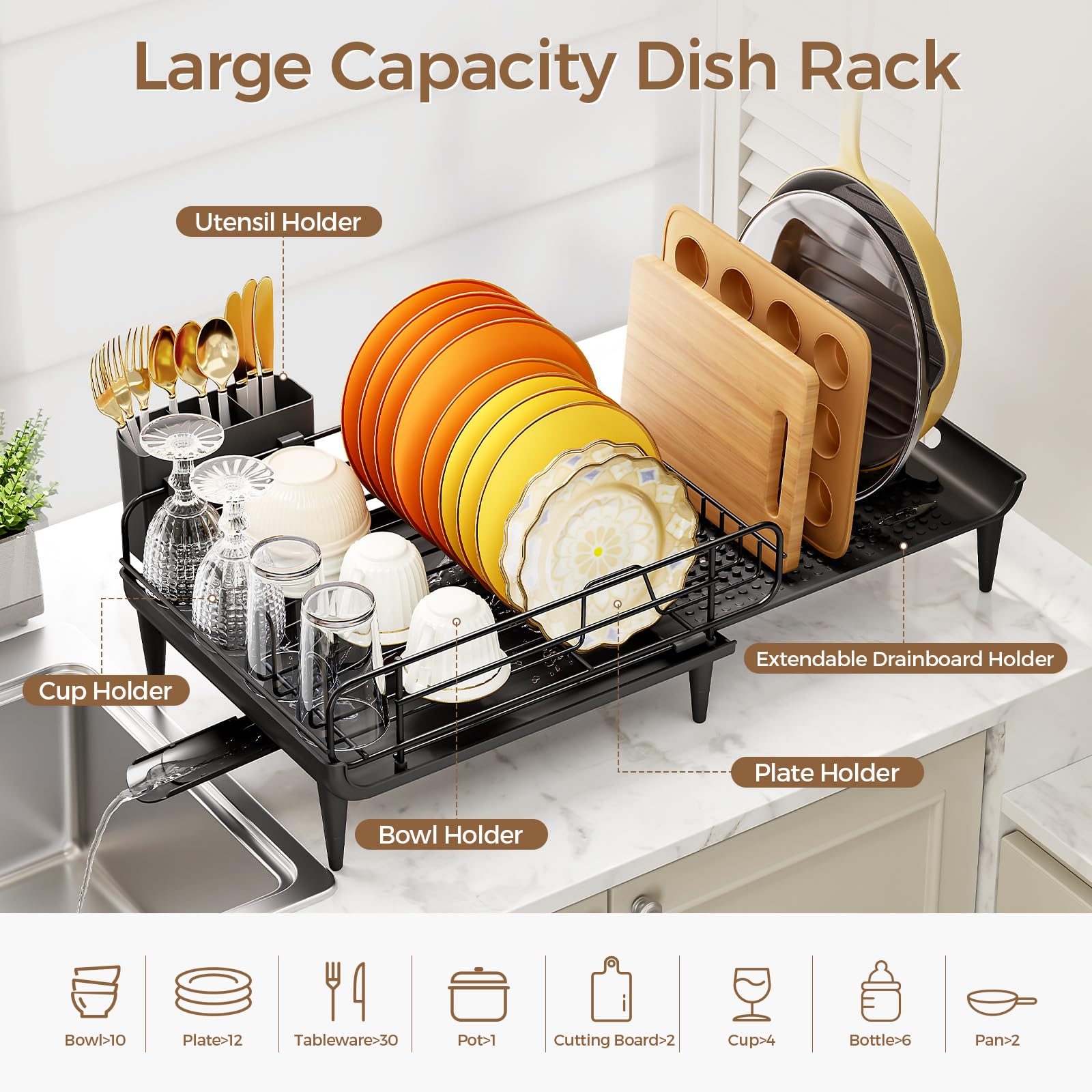 kingrack Égouttoir à Vaisselle Extensible - Égouttoir à Vaisselle Pliable pour compteurs de Cuisine - en Acier Inoxydable - avec Porte-Couverts - Noir