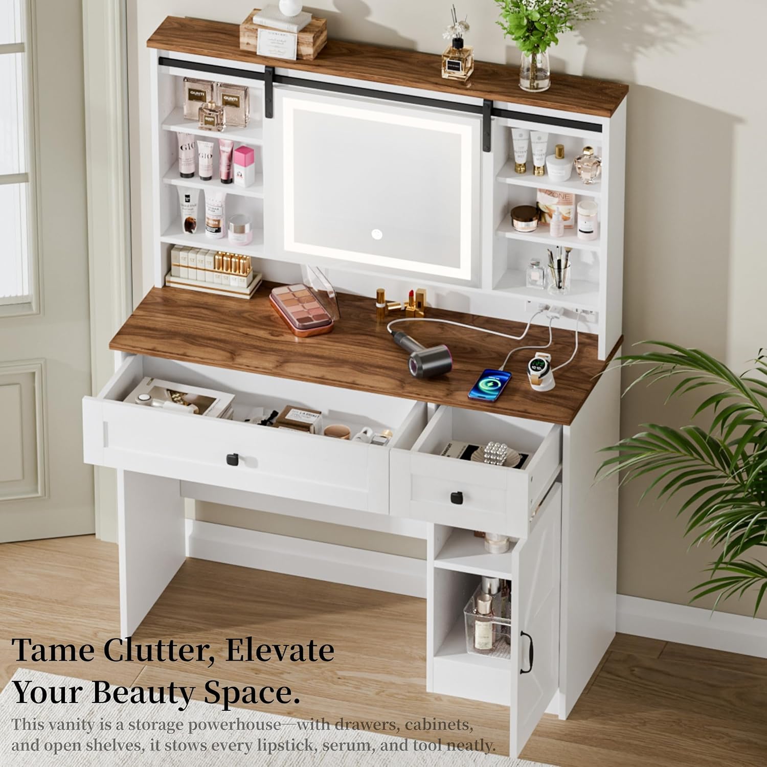 Modern Beauty LED Vanity Desk with Lighted Mirror, 3 Color Lighting Modes, Charging Panel, Storage Shelves, Makeup Desk with Adjustable Brightness.