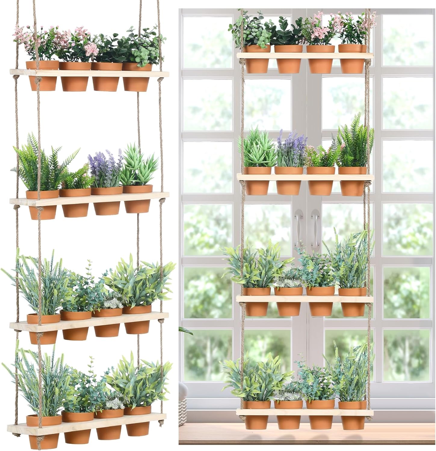4 Tiered Window Plant Shelves Hanging Herb Planter Indoor Display with 16 Pcs Flower Pots Wood Window Plant Hanger for Grow Herbs Succulents Microgreens Seedling Organization