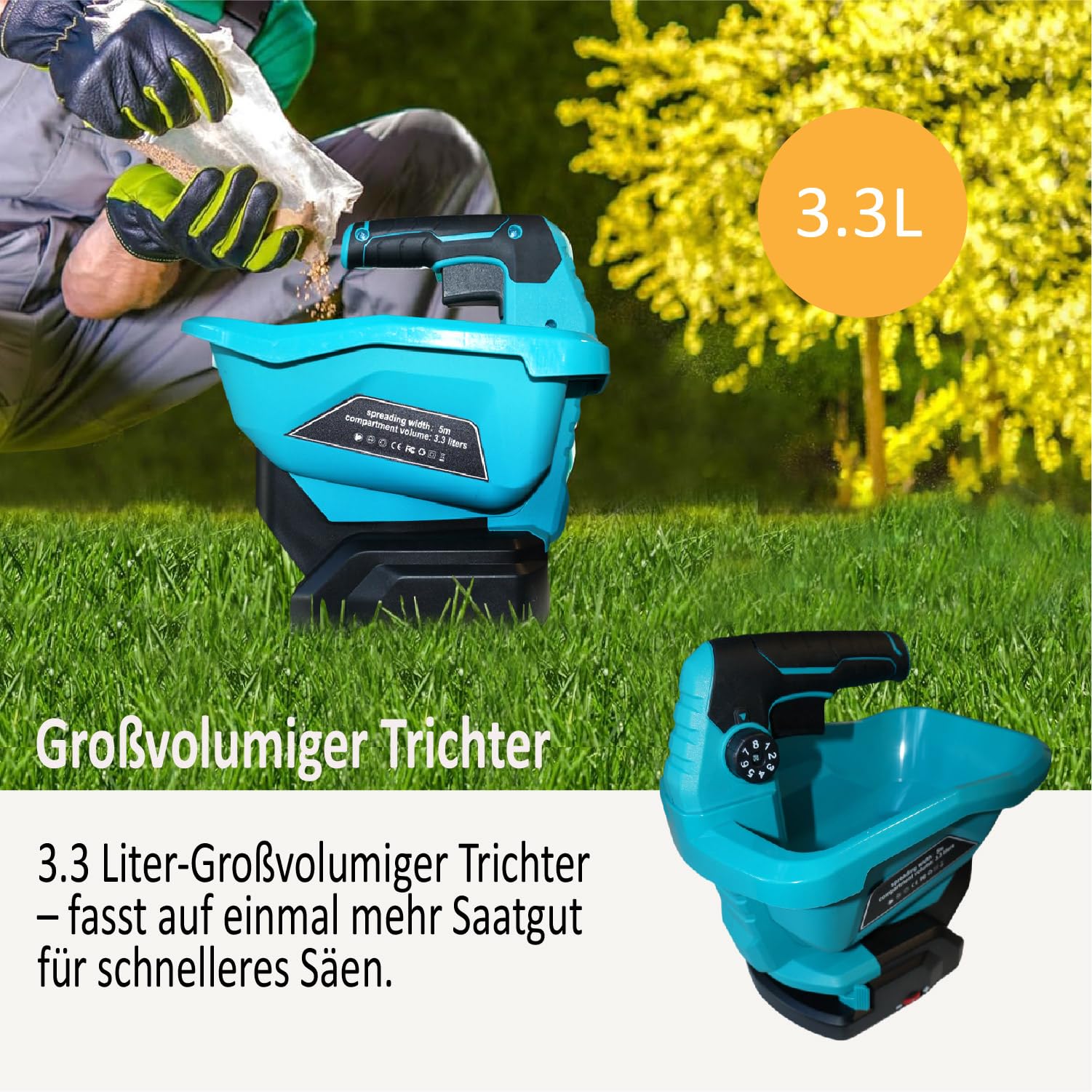 Kurflo Kabelloser Saatgutverteiler, Akku Streugerät, Elektrischer Streuer 3.3L, 8-stufig einstellbar, für Saatgut, Dünger, Streusalz, Sand, kompatibel mit Makita 18V Akkus, ohne Akku & Ladegerät
