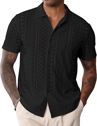 Mens Short Sleeve Button Down Cuban Collar Casual Summer Beach Shirt
