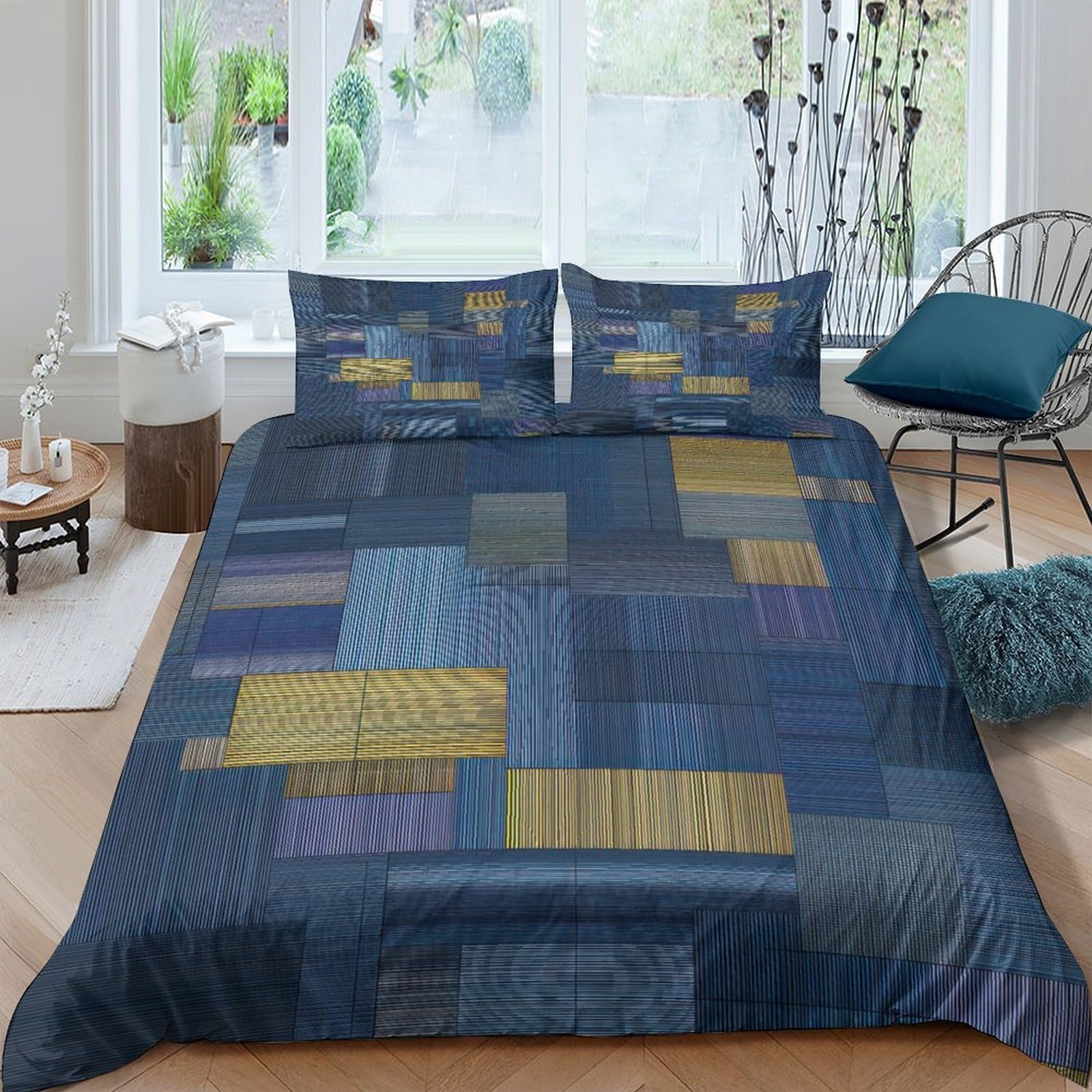 Ctjqhvkz Style-4 3D Printed Geometric Patchwork Fitted Sheet Microfiber Soft Blue Yellow Modern Bed Cover For Bedroom Guestroom Single（135X200cm）