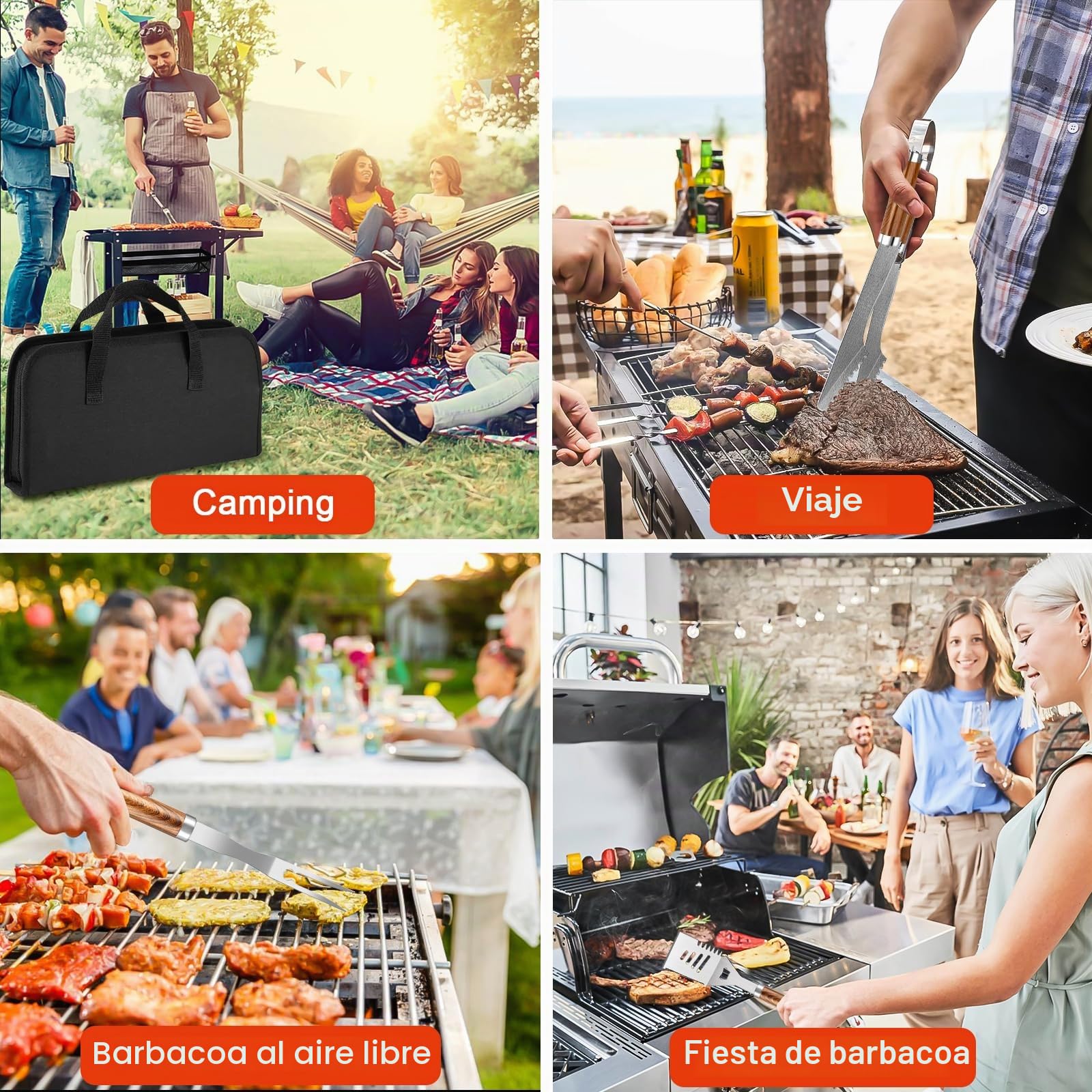 Kit Barbacoa 34 Piezas, Utensilios de Acero Inoxidable, Accesorios de Barbacoa, con Bolsa de Almacenamiento y Mantas, Regalo para Hombres, para Fiestas de Campamento al Aire Libre