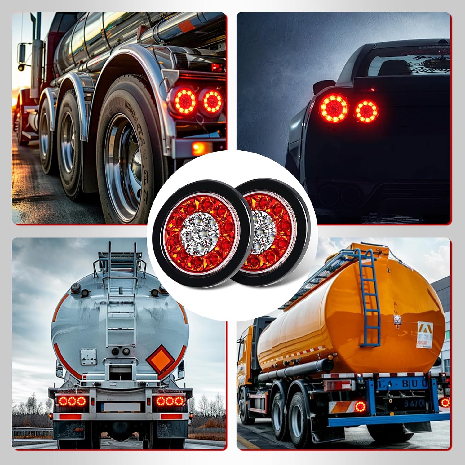 nifeida 2PCS 4 Inch Round Red White LED Trailer Tail Lights 16LEDs with Rubber Grommet Sealed IP67 Waterproof Stop Tail Brake Running Reverse Light for Trucks Trailers RV - DC 12V