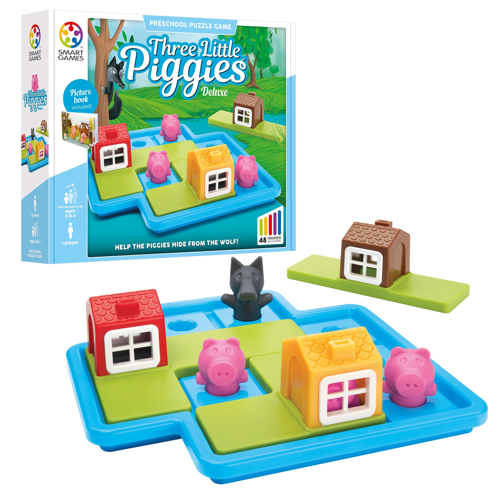 SmartGames | Three Little Piggies Deluxe | Preschool Puzzle Game | 48 Challenges with Story Book | Single Player Brain Teaser | for Ages 3 to 6 | Multilingual Version