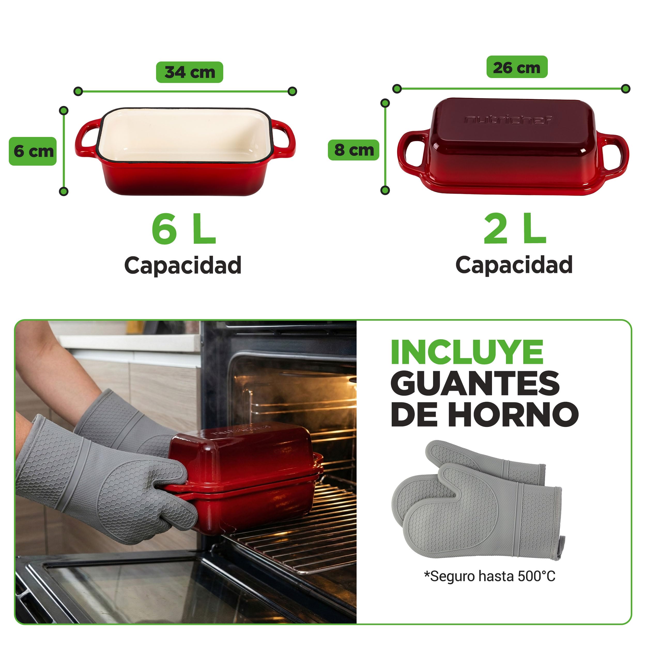 NutriChef horno holandés rectangular para masa madre, Molde para pan con tapa, Hierro fundido esmaltado, Con guantes de silicona para pan artesanal, 35 cm