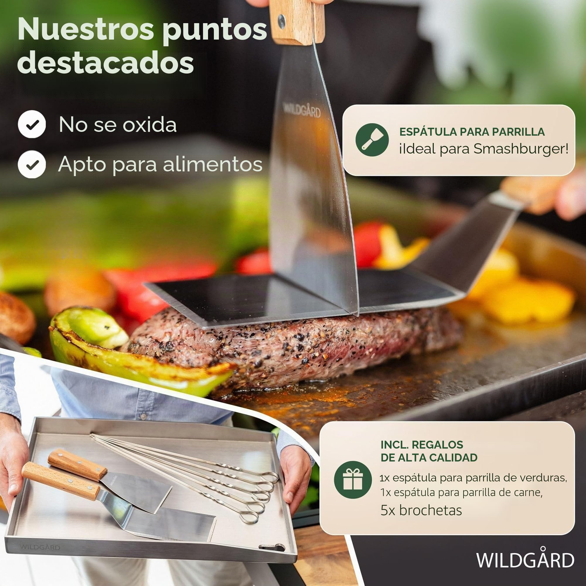 Plancha – Placa de Acero Inoxidable Grueso – 30 x 20 cm – Adecuado para barbacoa de gas y BBQ de carbón +PLUS: 2x espátulas para parrilla y 5x brochetas