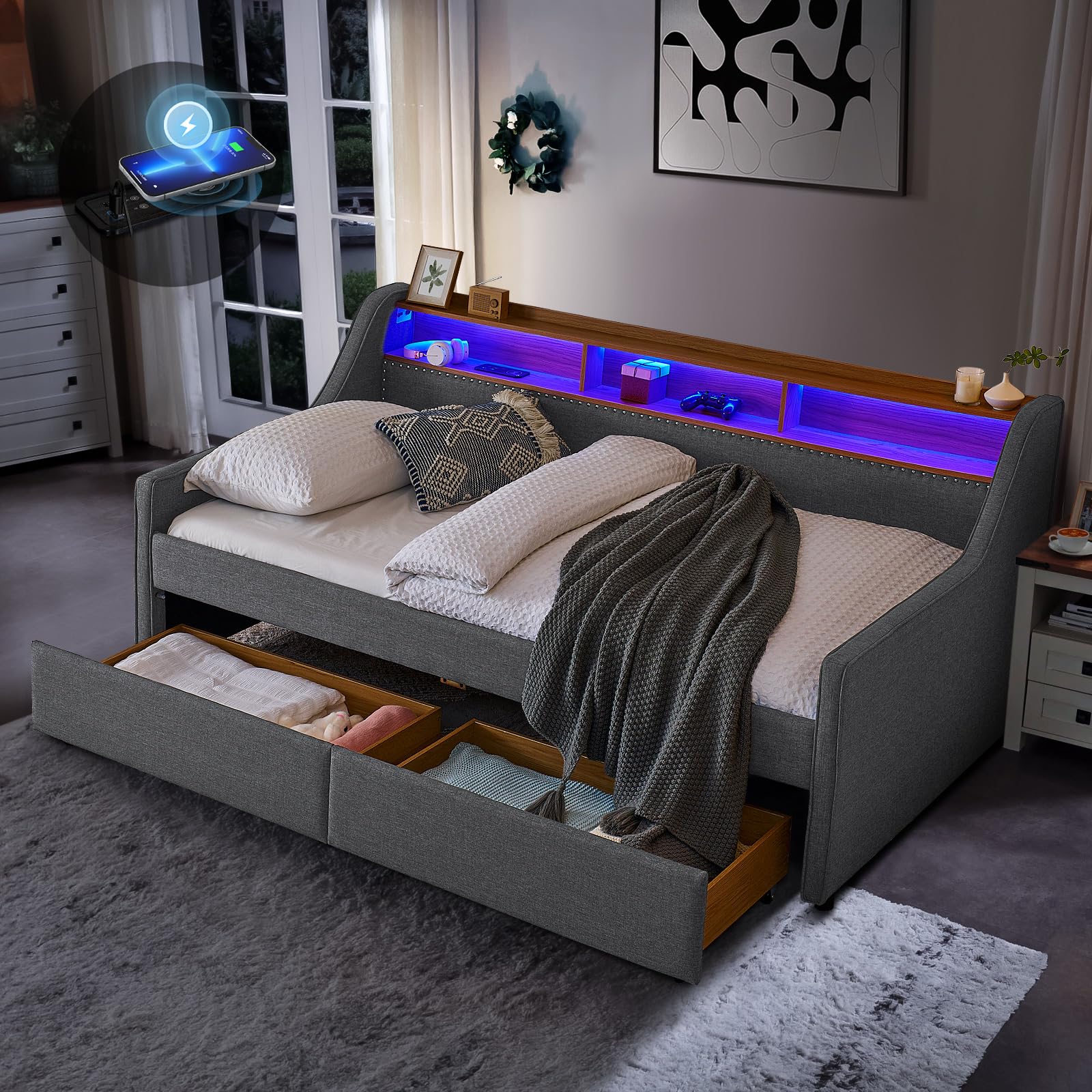 JEEOHEY Twin Size Daybed with 2 Storage Drawers & Wireless Charger/USB/Type-C Port, Modern Linen Upholstered Sofa Day Bed Frame with 2 Tier Storage