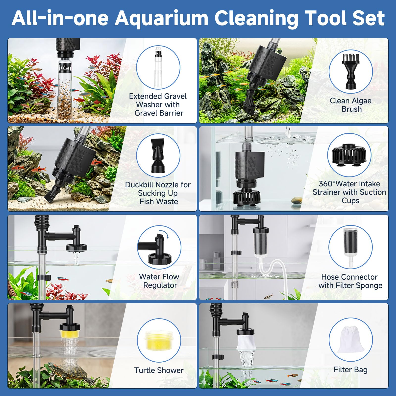 AQQA Limpiador de peceras, 1200 l/h, limpiador eléctrico ajustable de grava, limpiador de arena de 16 W con bolsa de filtro para cambio de agua, lavado de arena y filtración