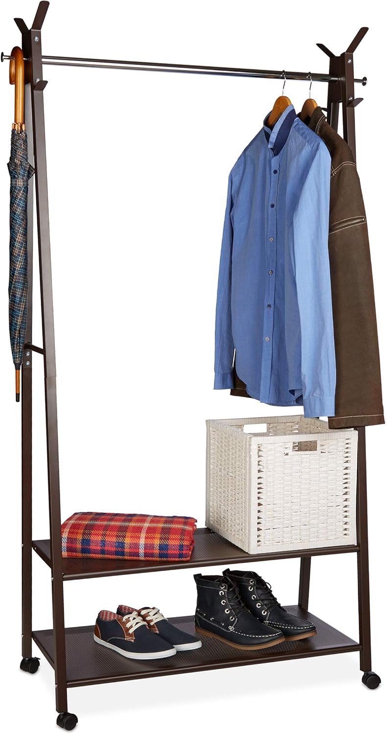 Relaxdays Metal Clothes Stand, Wardrobe on Wheels, 2 Shelves, 16 Shoes